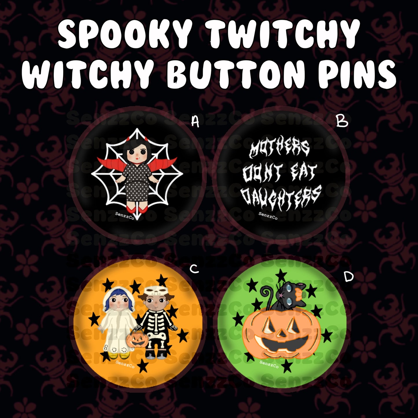 Spooky Twitchy Witchy Button Pins
